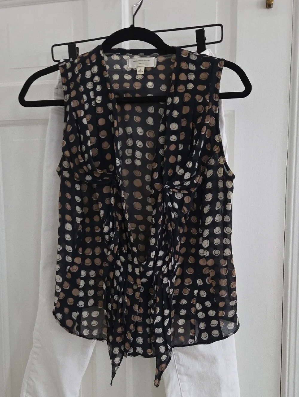 Moulinette Soeurs Black Sheer Polka-Dot Tie-Front Tank with Cream and Tan Dots
